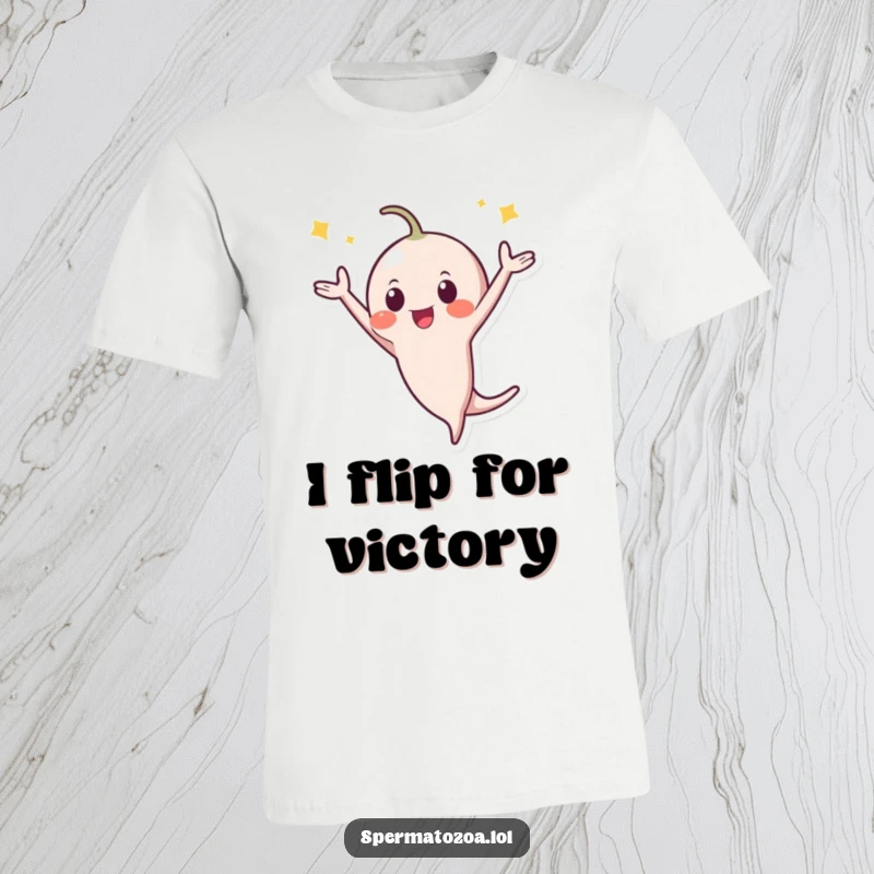 Funny T-Shirt: A tiny sperm character is captured mid-air, performing an epic celebratory flip with cartoonish glee and energy.