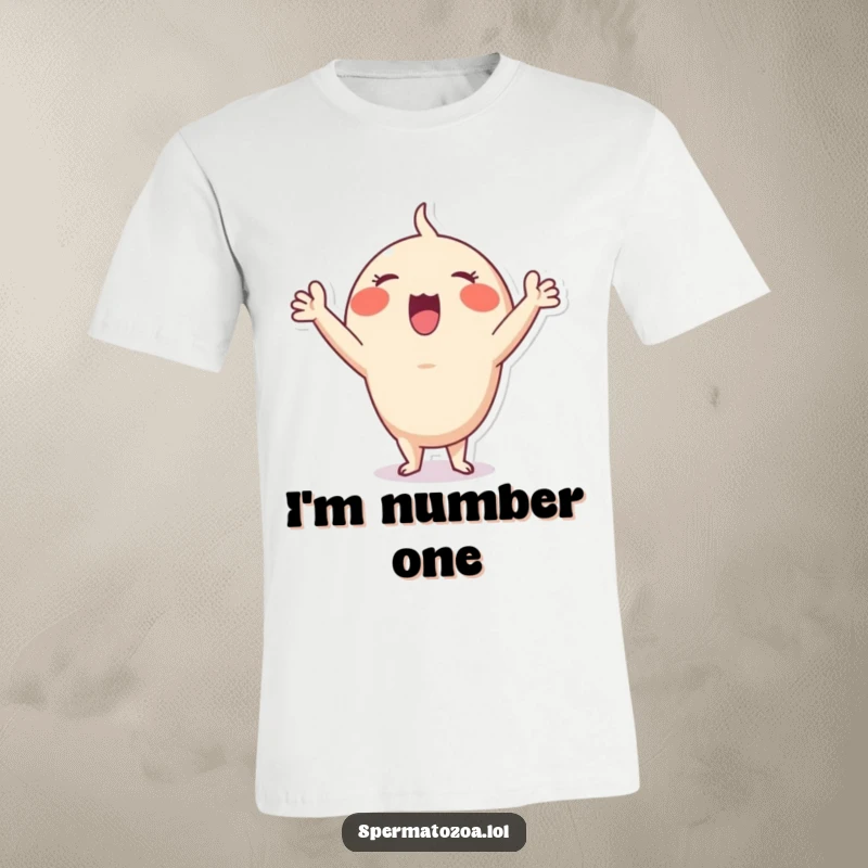 Funny Sperm Cheer T-Shirt: Tiny sperm character pumping fists in enthusiastic celebration, radiating pure fun.