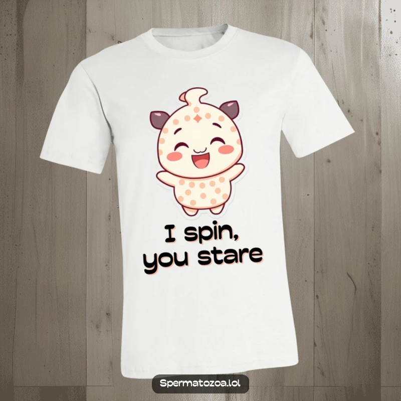 Funny dotted character t-shirt, smiling and spinning gleefully, capturing a moment of pure, energetic fun.