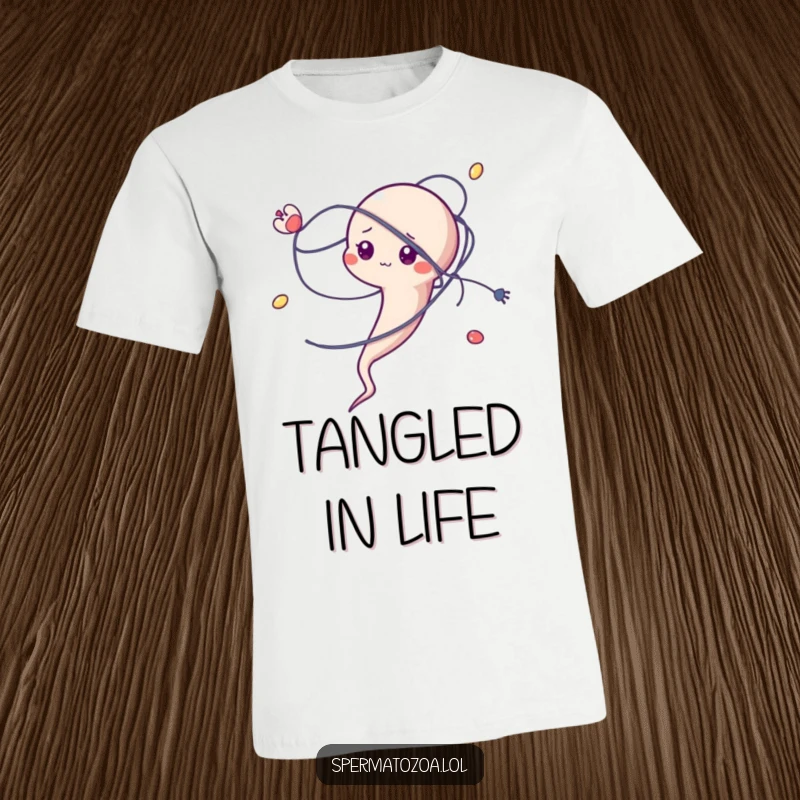 Funny sperm character t-shirt design, comically tangled in a microscopic strand, relatable and humorous.