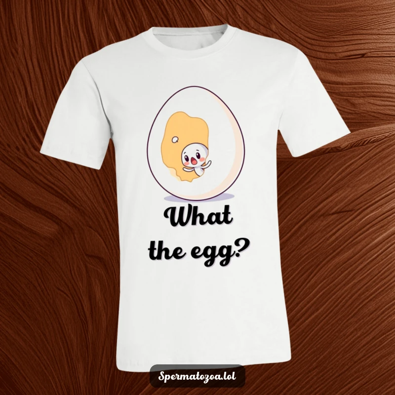Funny tiny sperm character looking surprised by a giant egg, featured on this witty t-shirt.