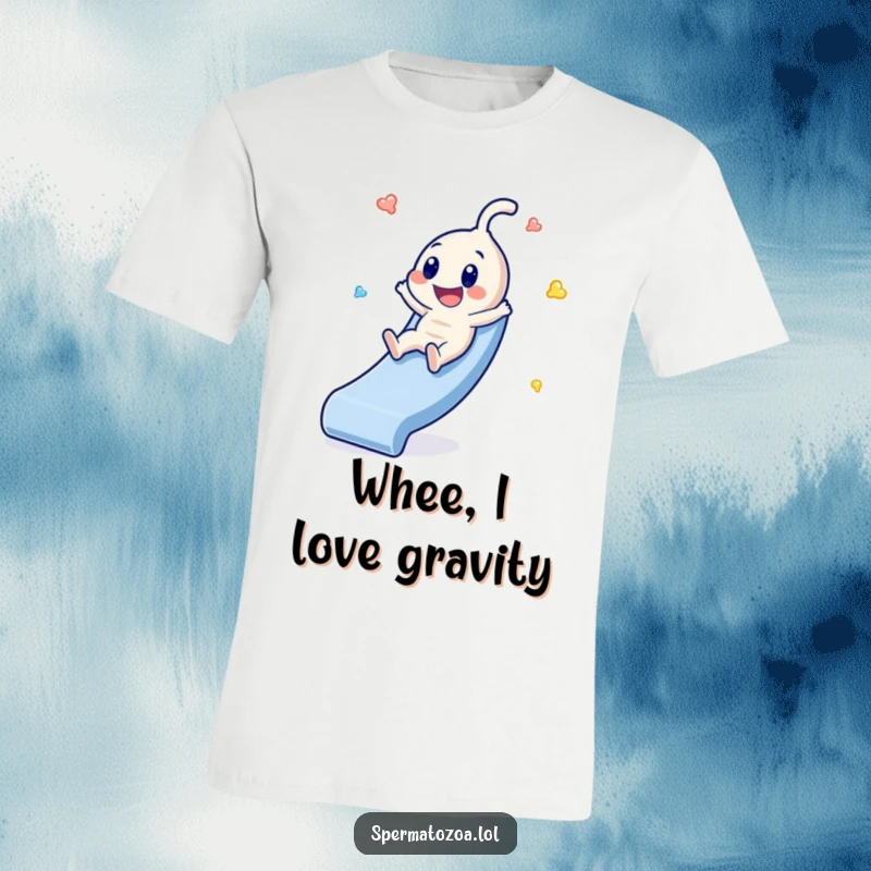 Funny Sperm Slide T-Shirt: Tiny sperm character gleefully descending a slide, radiating pure fun and humor.