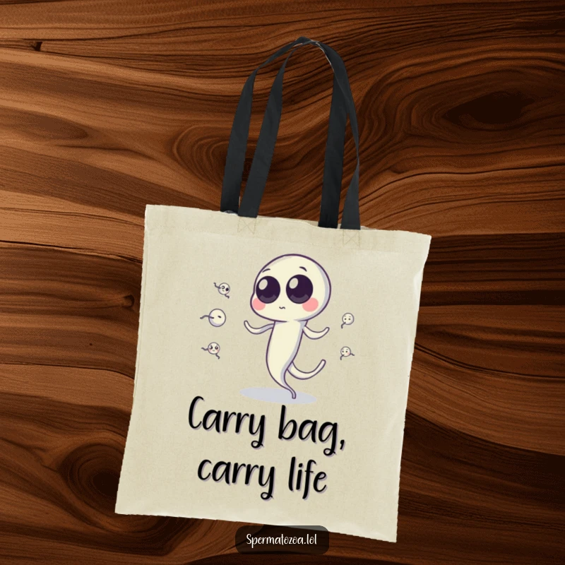 Funny sperm cell tote bag with googly eyes juggling smaller sperm cells using its tail, for carrying items with humor.