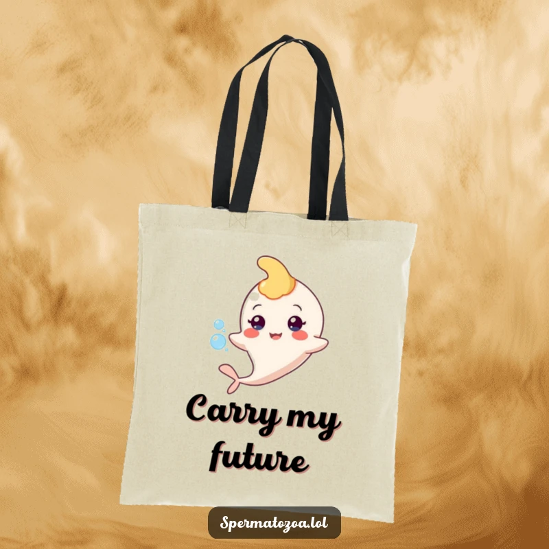 Funny sperm character tote bag, floating serenely with a tiny bubble, practical and humorous accessory.