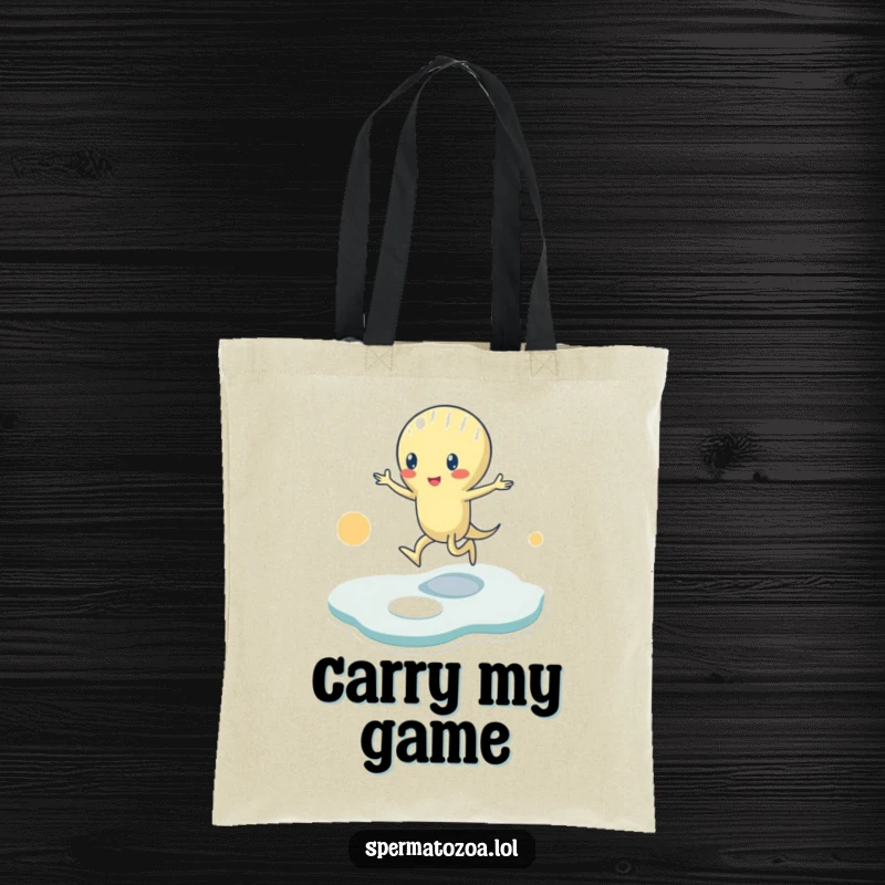 Funny Tote Bag: A tiny sperm character plays hopscotch on abstract shapes, perfect for carrying essentials with a dose of playful humor.