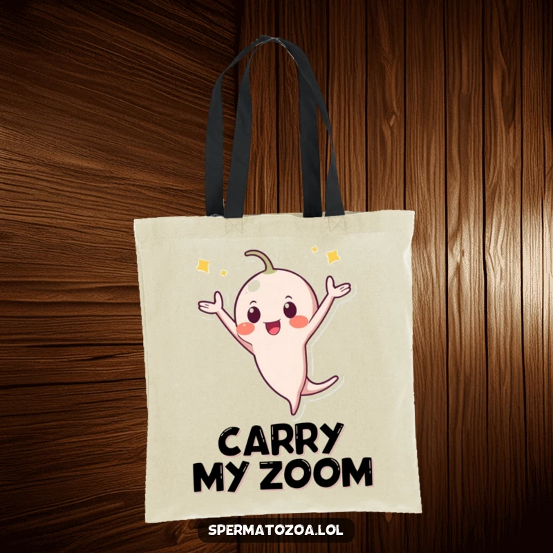 Funny Tote Bag: A tiny sperm character executes a dynamic celebratory flip, perfect for carrying essentials with a dose of playful humor.