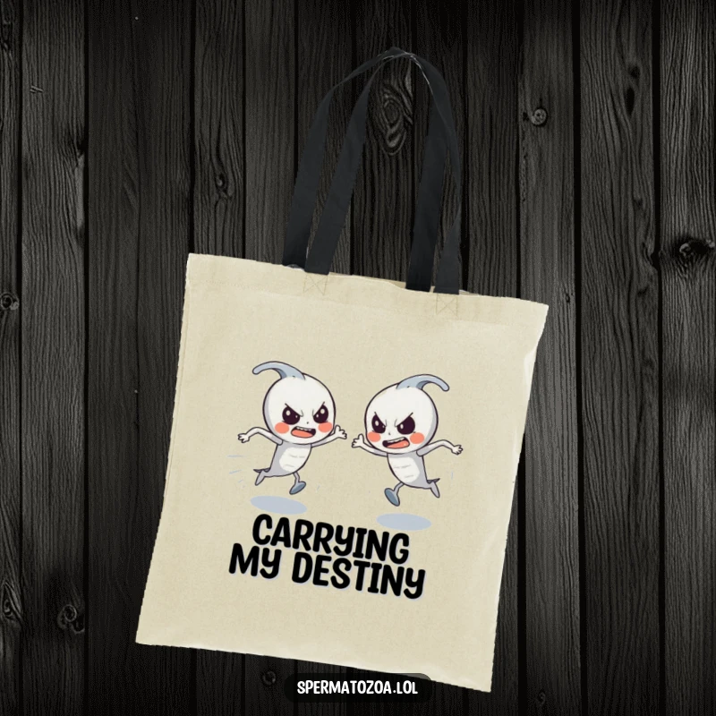 Funny Sperm Race Tote Bag: Tiny sperm characters determinedly racing each other, a humorous and practical funny gift.