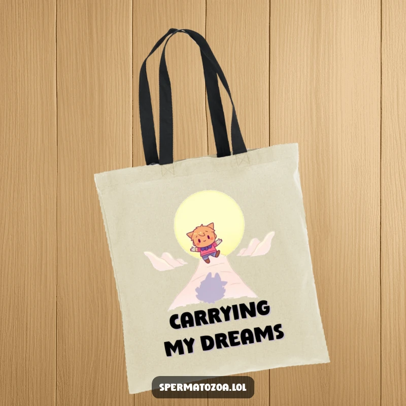 Funny tote bag with a character playfully bouncing towards a glowing destination, embodying hope and motivation on the go.