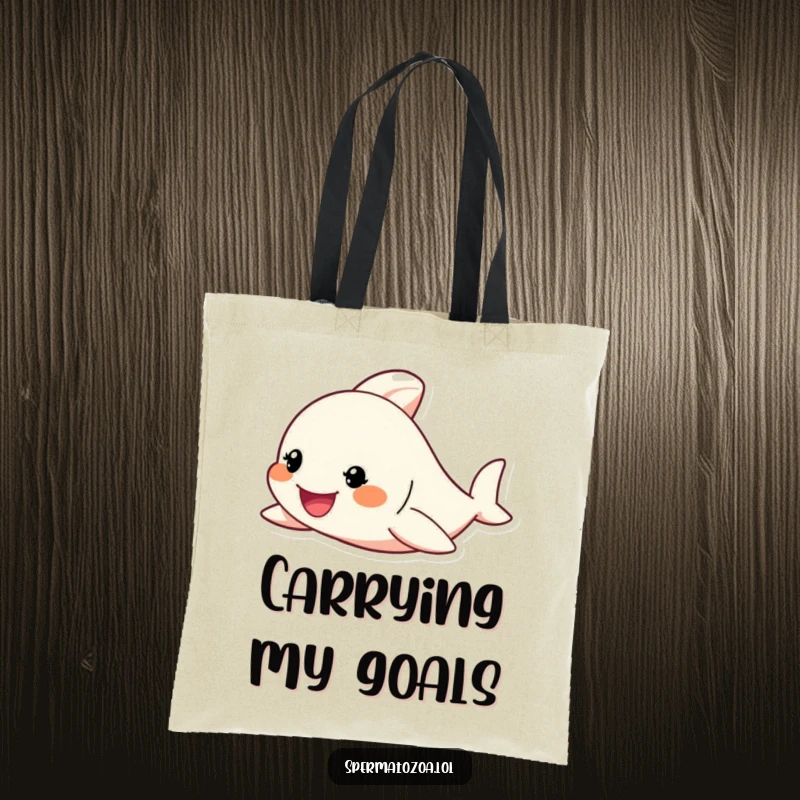 Funny Tote Bag with a tiny character enthusiastically swimming with a determined grin, perfect for carrying essentials with humor.