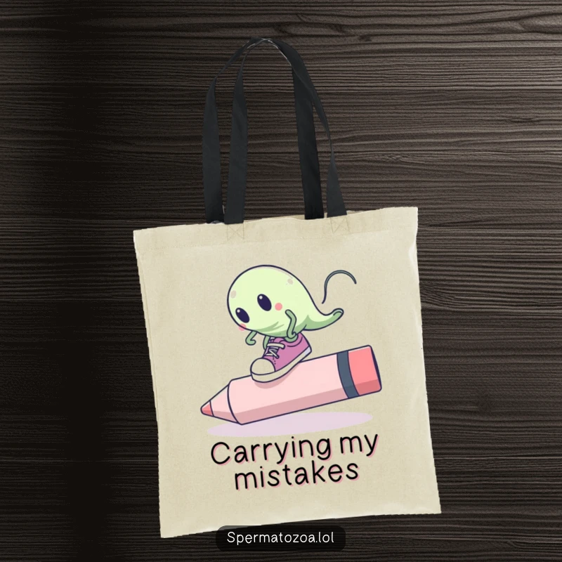 Funny sperm cell tote bag with oversized shoes tripping over a giant pink eraser, for carrying items with comical mishap humor.