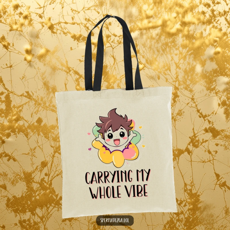 Funny tote bag with a character energetically bursting from a psychedelic abstract shape, perfect for carrying your essentials with flair.