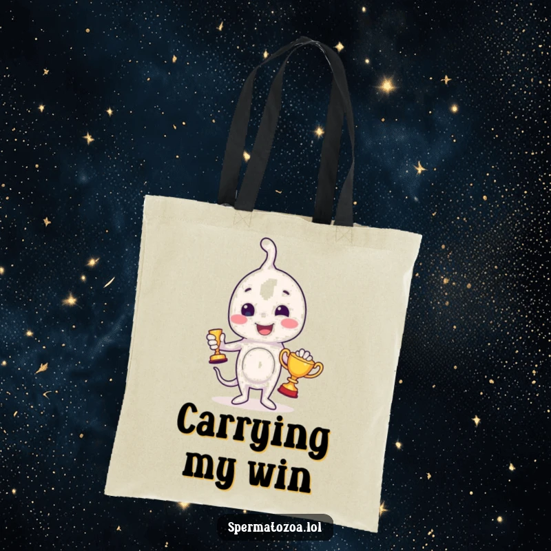 Funny sperm tote bag with a cheerful sperm character holding a miniature trophy, ready to carry anything with pride.