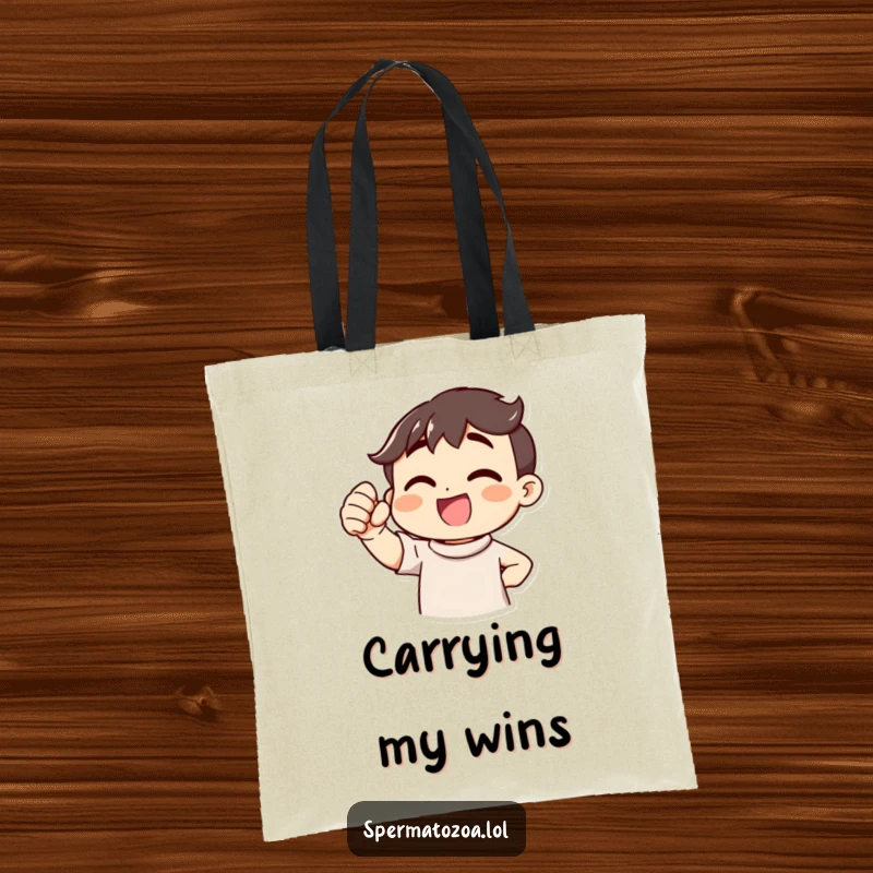 Funny Victory Cheer Tote Bag with a cheerful character pumping its fist, ideal for errands and as a unique funny gift.