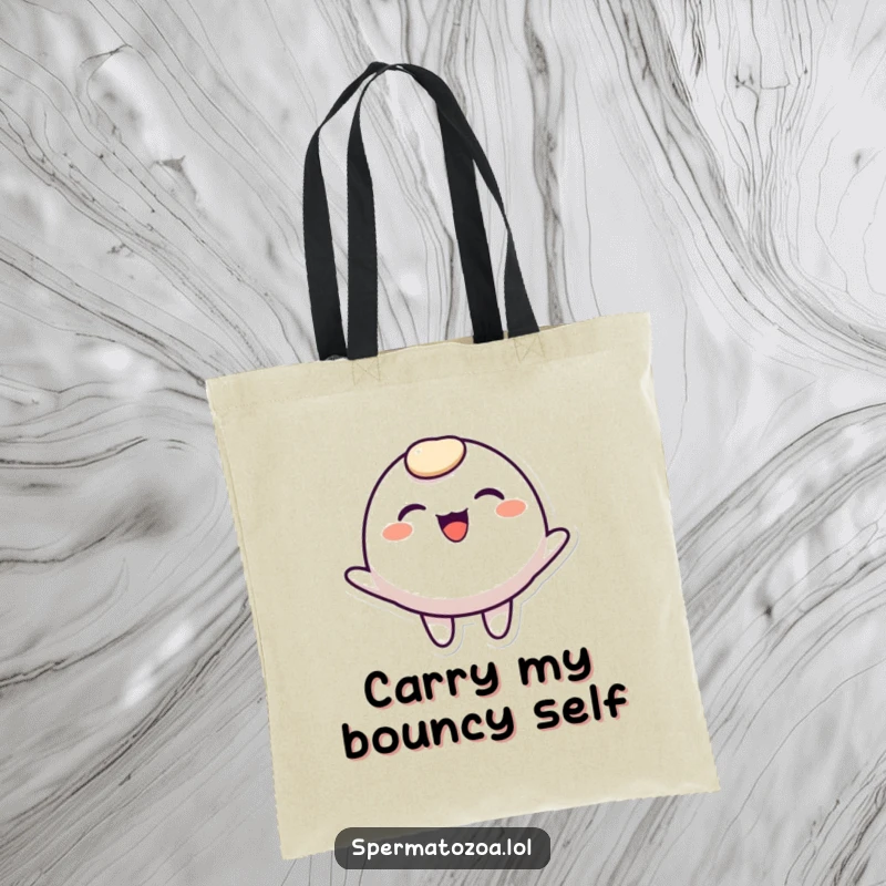 Funny rounded character tote bag, smiling widely and bouncing joyfully, a humorous and practical accessory.