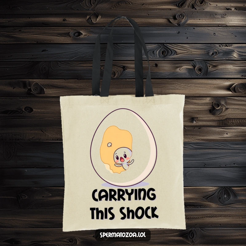 Funny tiny sperm character looking shocked by a giant egg, on a practical tote bag for surprising errands.