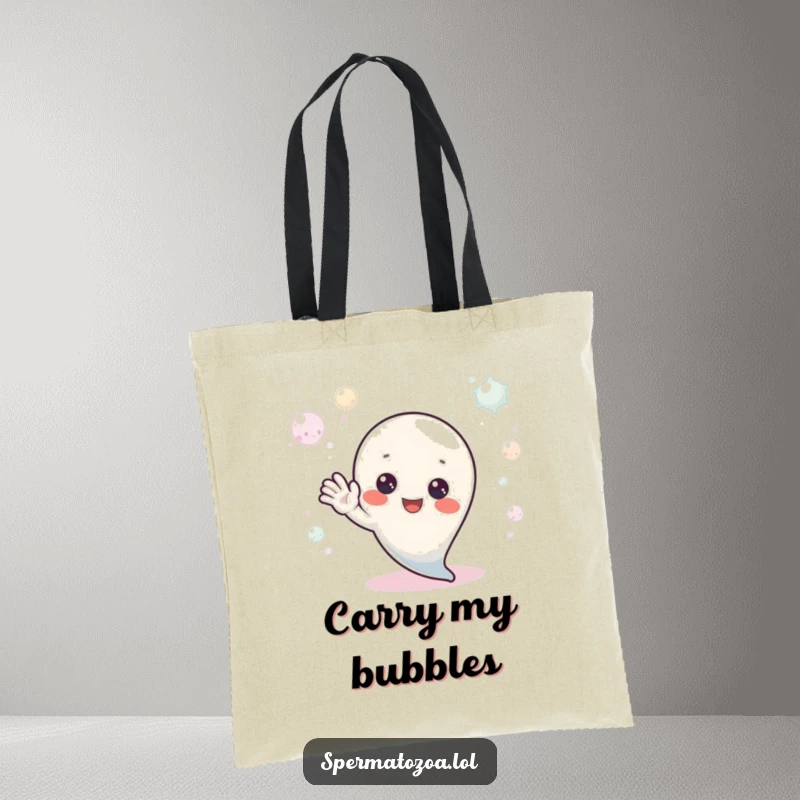 Funny Tote Bag: A tiny sperm character waves hello from a sea of bubbles, ideal for carrying essentials with a dose of playful friendliness.