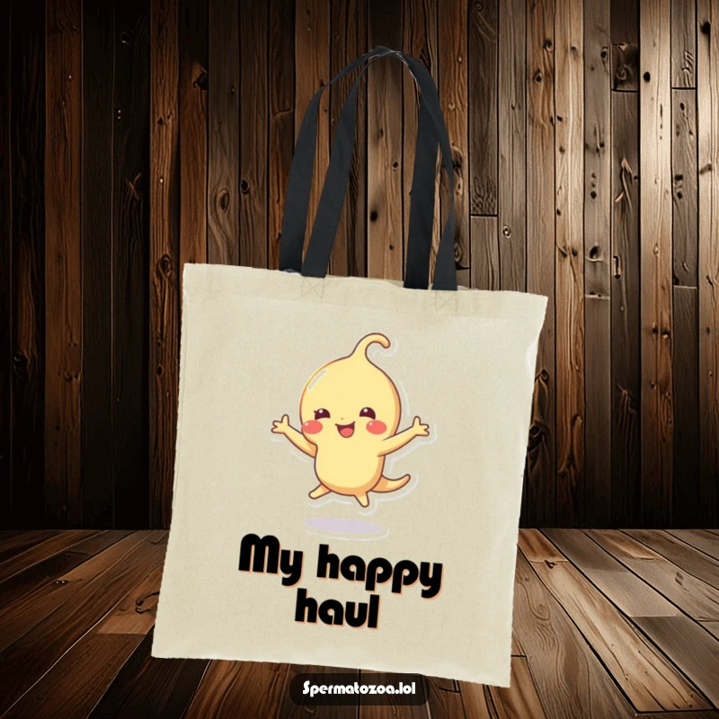 Funny sperm tote bag with a sperm character caught mid-dance, full of infectious joy and humor.