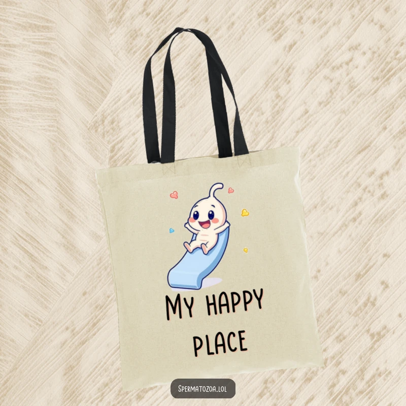 Funny Sperm Slide Tote Bag: Tiny sperm character gleefully sliding down a slide, a humorous and functional funny gift.