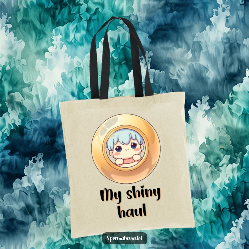 Funny tote bag with a curious character investigating behind a shiny, round object, great for everyday use.