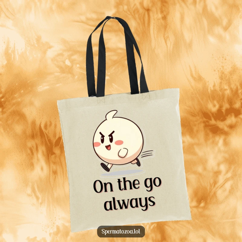 Funny tote bag with a small, round character zipping past, embodying speed, cheer, and determination for everyday use.