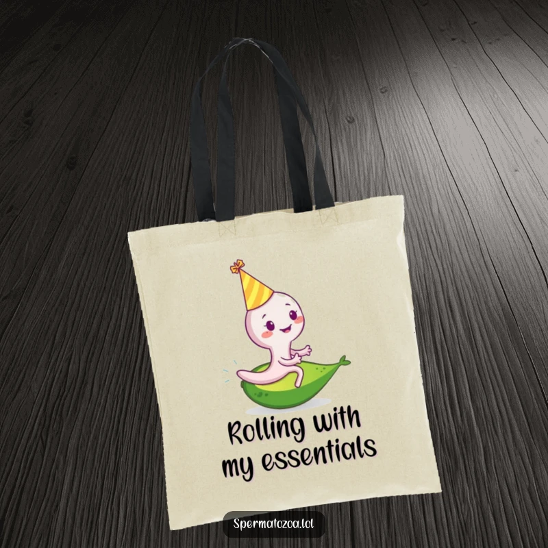 Funny sperm cell tote bag with a smiling sperm in a party hat riding a rolling avocado, for carrying party essentials humorously.