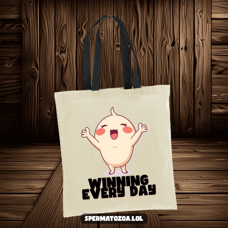 Funny Sperm Cheer Tote Bag: Tiny sperm character cheering enthusiastically, a humorous and functional funny gift.